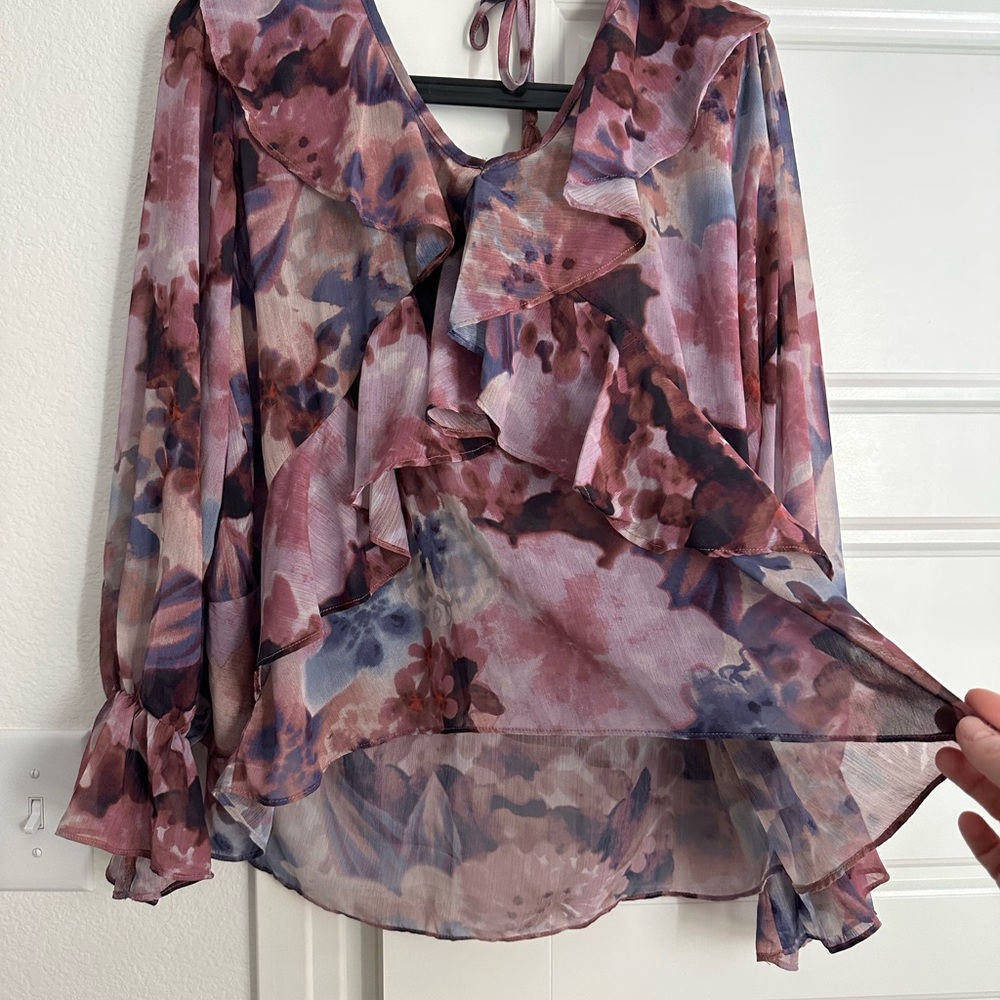 Vici Floral Ruffle Tie-Neck Blouse in Pink and Lavender